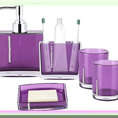 Purple Bliss Bathroom Set - 5-Piece Designer Bath Accessory Gift Set with Toothbrush Holder, Cup, Dispenser, Dish - Acrylic Accessories
