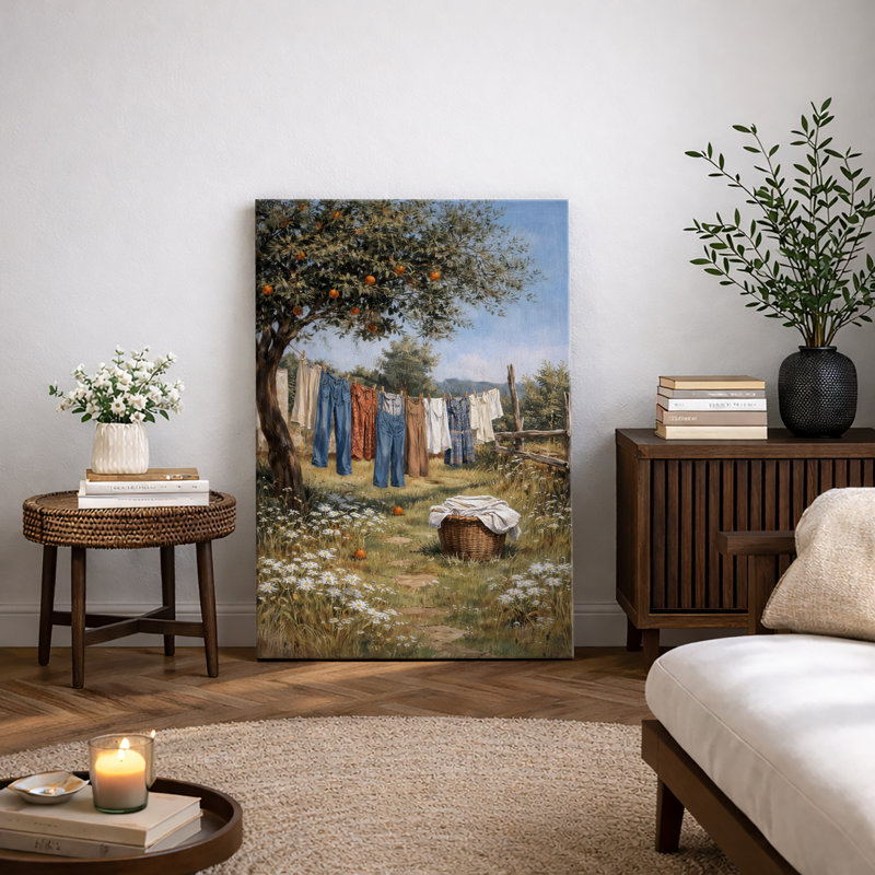 Illustration de paysage rustique campagne, ligne de buanderie, impression sur toile encadrée, impression sur toile