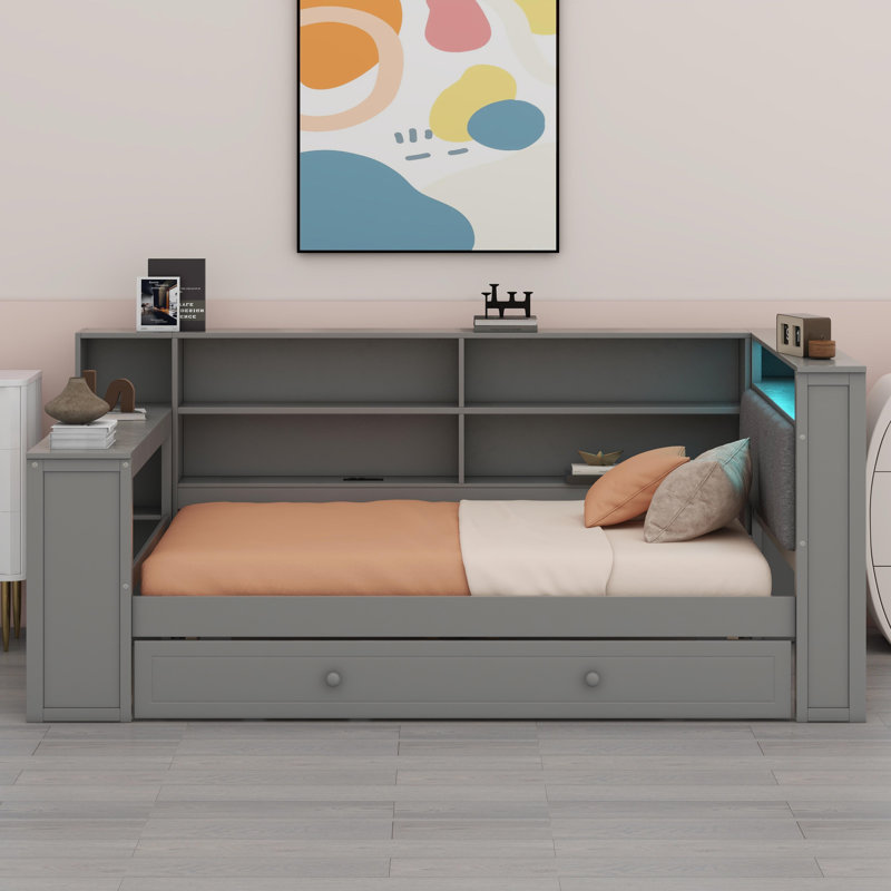 Lit plateforme avec tablettes de rangement, lit gigogne, Gris