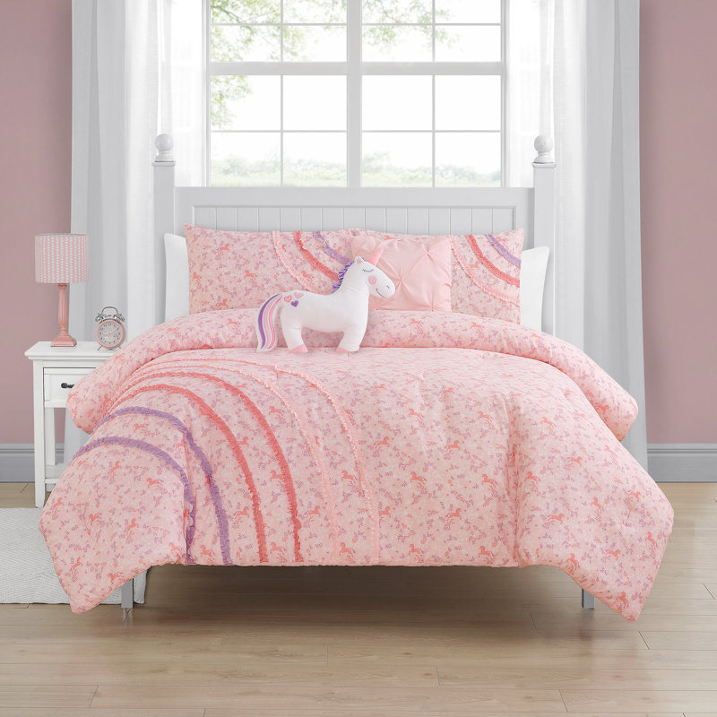 ALEX + BELLA Rainbow Ruffle Pink Ultra Soft Microfiber Comforter Set, Full Comforter + 2 Shams + 1 Throw Pillow