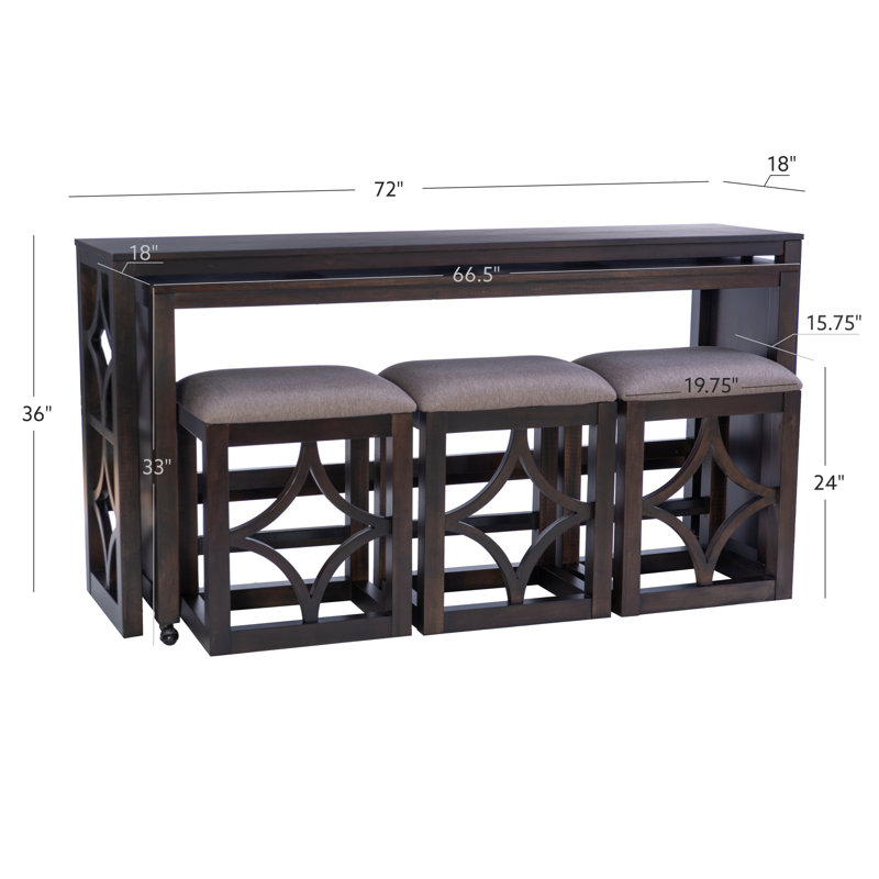 Rabeeah 72" Long Rolling Console & 3-Stool Set, Brown