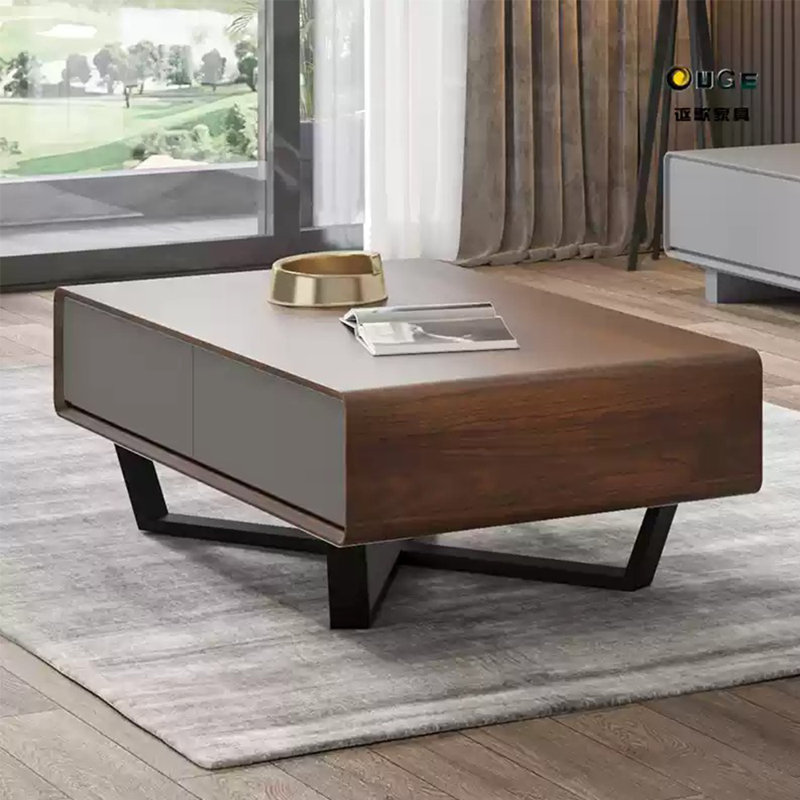 A minimalist four-drawer round corner coffee table, 15.74" H x 55.11" L x 31.49" W, Dark Walnut/Gray