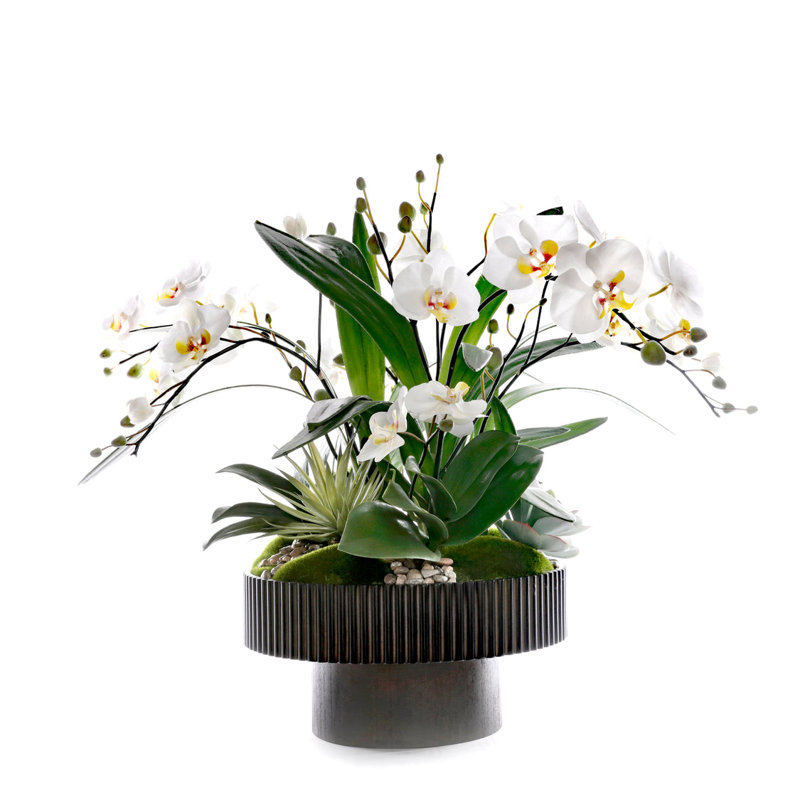 Faux orchidées blanches dans un bol en bois