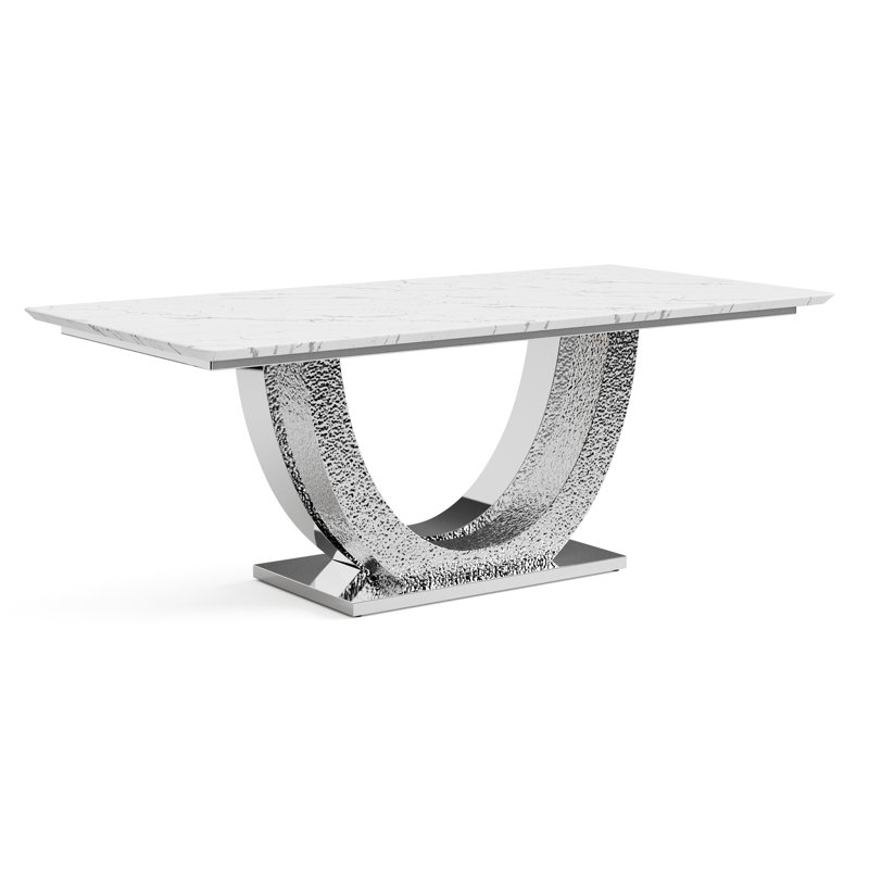 Demby Stone Top 79" Glam Dining Table, Silver
