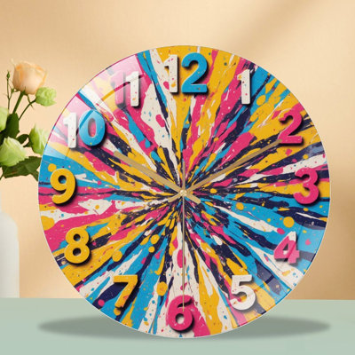 Colorful Abstract Splash Paint Wall Clock Home Decor Art - 12'' Modern Glass Wall Clock