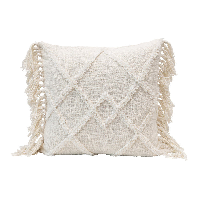 Cotton Blend Tufted Pillow With Pattern And Fringe
