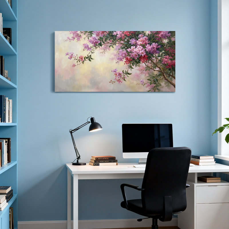 Branches florales de plantes et de fleurs avec des fleurs roses et mauves, H 16 po x l 32 po