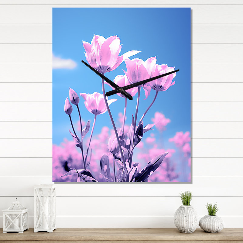 Horloge murale moderne fleurs roses et tulipes roses, Médium