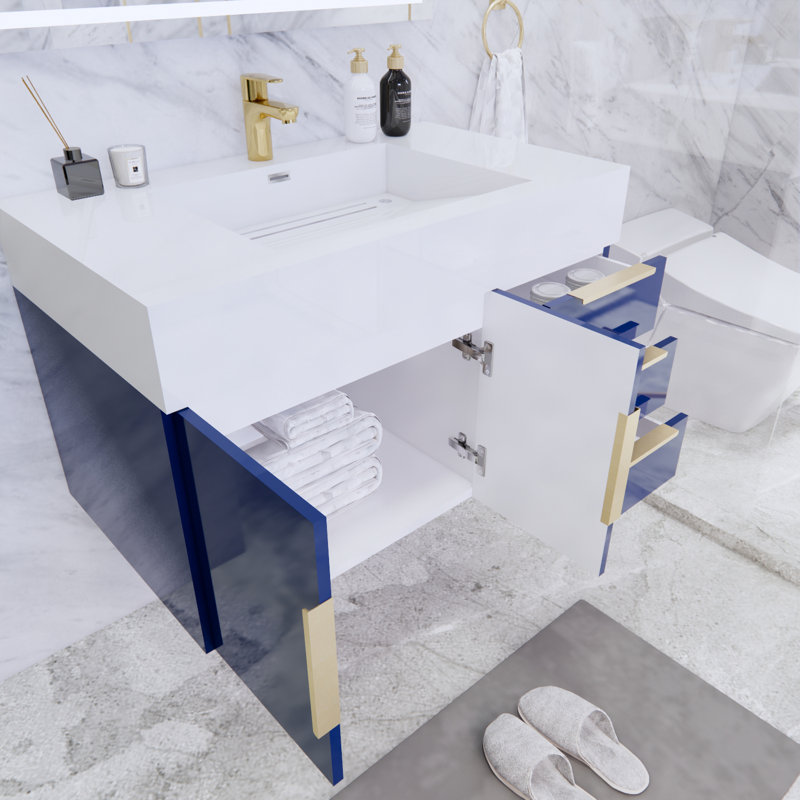 Glasgow 35.5'' Single Bathroom Vanity with Acrylic Top, High Gloss Night Blue