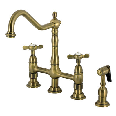 Kingston Brass Bel-Air Two-Handle 4-Hole Deck Mount Bridge Kitchen Faucet with Brass Side Sprayer
