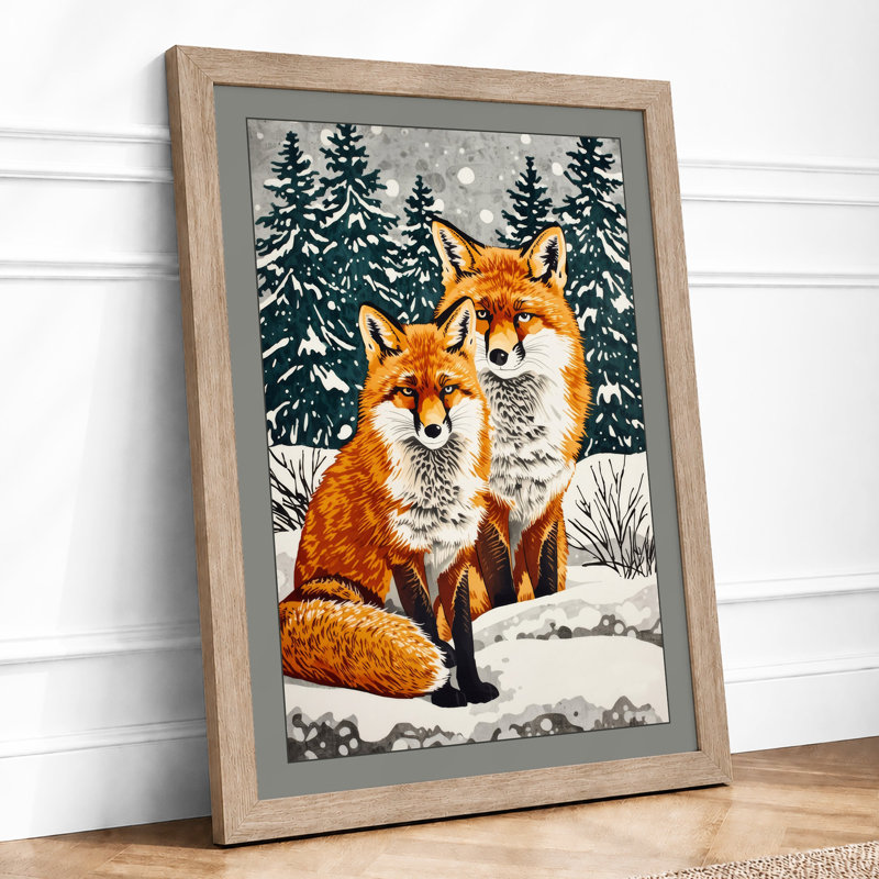 Foxes in Winter Boho - Framed Print, A2 - 59.4 x 42.0 cm, Oak