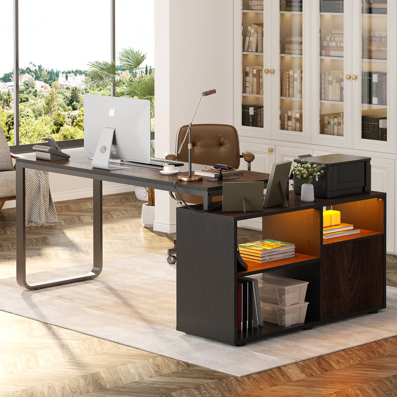  62" L Shaped Computer Desk with File Drawer, LED Lights, Brown/Black