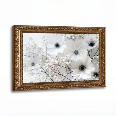 Art mural en toile noyer doré encadré pour le salon, la chambre à coucher, le bureau ou le vestibule - Décoration murale décorative avec fleurs blanches