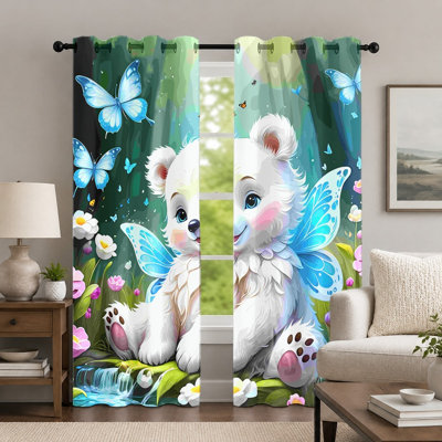 2Pcs Cartoon Bear and Butterfly Curtains, Whimsical Forest Theme Printed Drapes, Vibrant Floral Aesthetic Grommet Window Panel, Art Decor for Bedroom Living Room