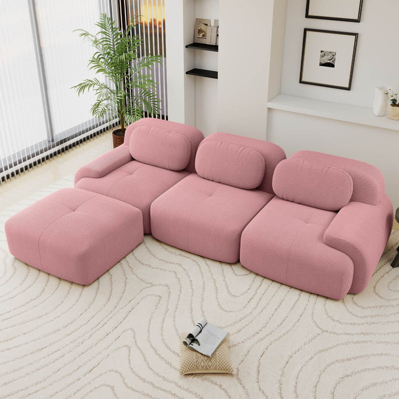 Canapé modulaire en forme de L Boneless en velours côtelé avec repose-pieds, Velours côtelé rose