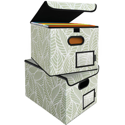 File Organizer Box With Lid, Collapsible File Folder Organizer With Plastic Slide, Hanging File Folder Box For Office Document Storage (2 Pack, Antique Foliage)