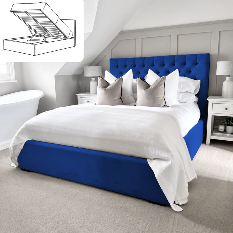 Bangura Chesterfield Ottoman Storage Bed - Velvet Upholstered Gas Lift Bed Frame with Footboard, Blue, Double (4'6)