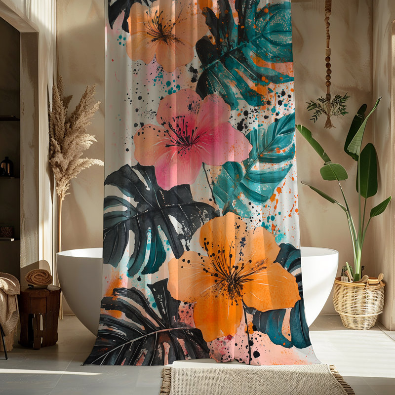 Rideau de douche Sunspired Island Bloom, H 90 po x l 71 po, Blanc / orange / vert / rose / bleu floral