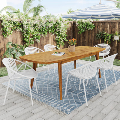 Ensemble de salle à manger extensible 7 pièces avec chaise empilable, blanc et teck 7 pièces