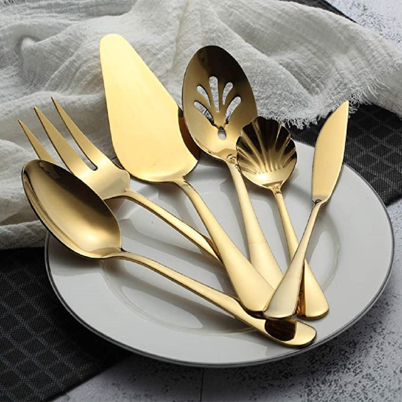 Ensemble de couverts en acier inoxydable plaqué de titane doré 6 pièces, 5 pièces de service de 45 pièces avec 1 plat à gâteau, service de couverts en argent doré (doré brillant)