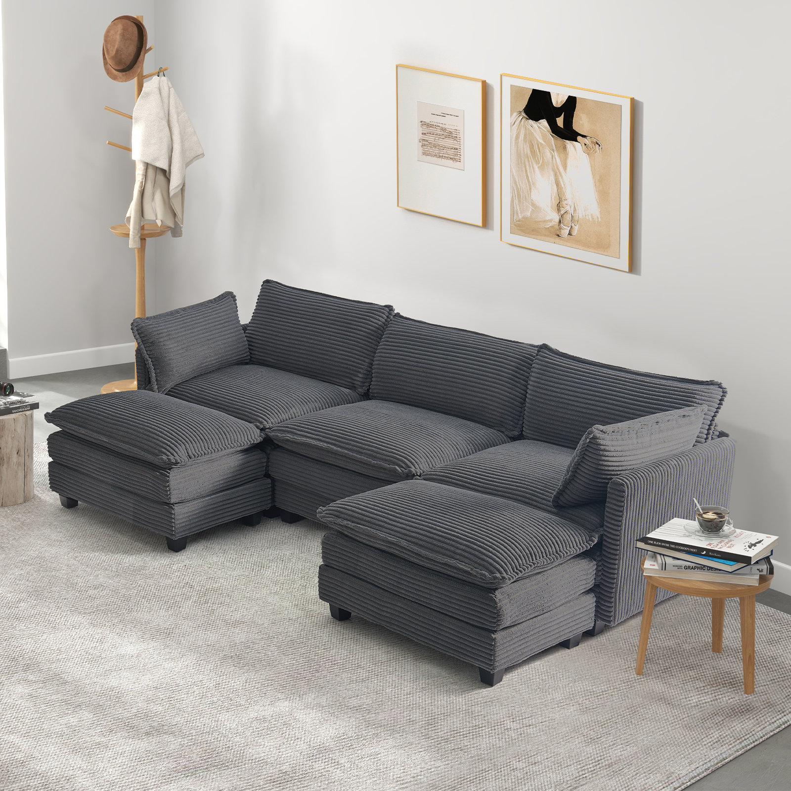 Ebern Designs Modular Sectional Corduroy Sofa with Deep Seat,U-Shaped 3 ...