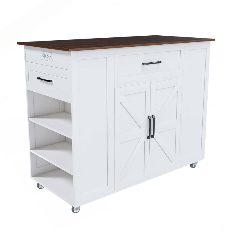 46" Kitchen Island On Wheels With Storage & Power Outlet - Movable Rustic Breakfast Bar Table, Wood Top With Adjustable Shelf & Drawer For Kitchen Dining Living Room, White