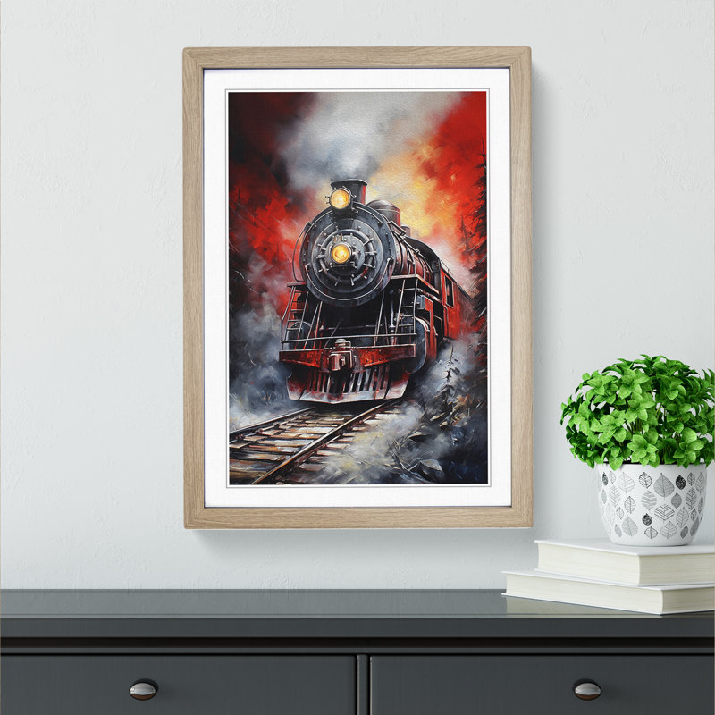 Steam Train Hard Edge Painting - Single Picture Frame Print on Wood, Oak, 64cm H x 46cm W x 2cm D