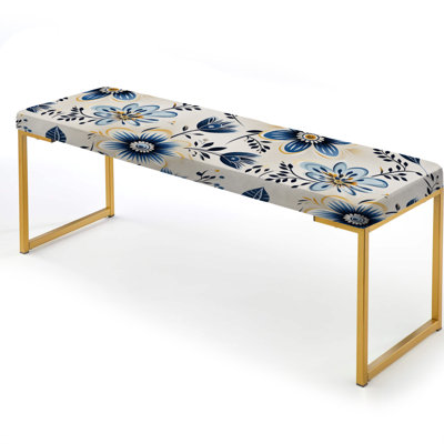 Antique Blue Graceful Flowers - Floral Upholstered Gold Bench