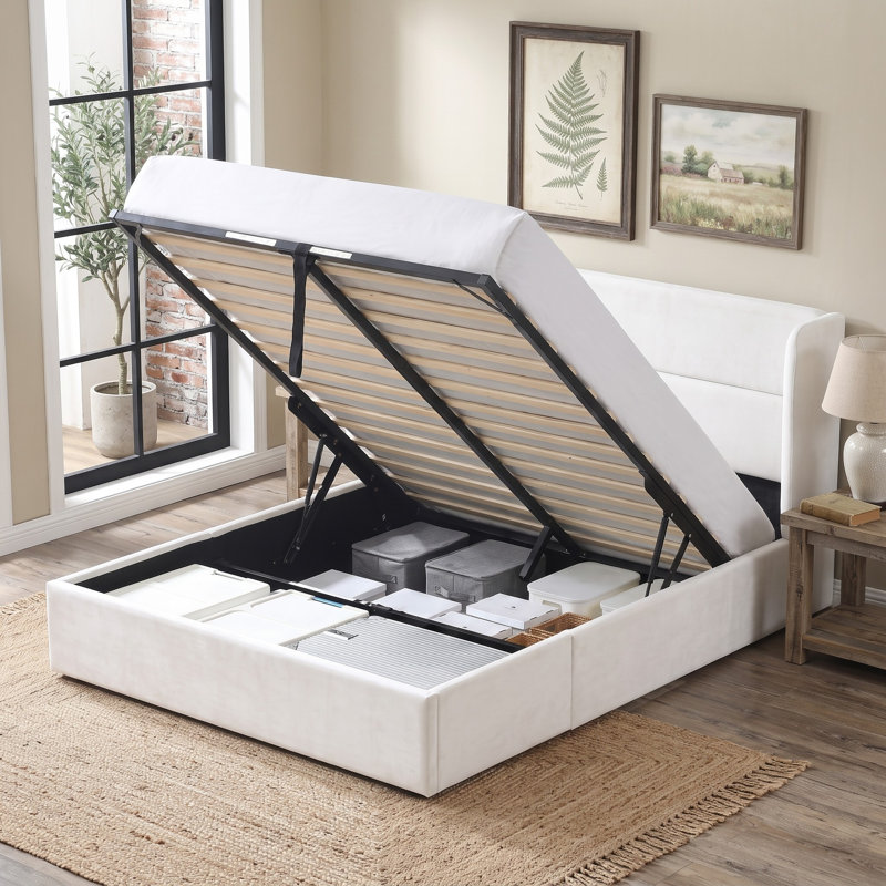 Lit plateforme tapissier avec rangement Gaillarde, Grand, Crème