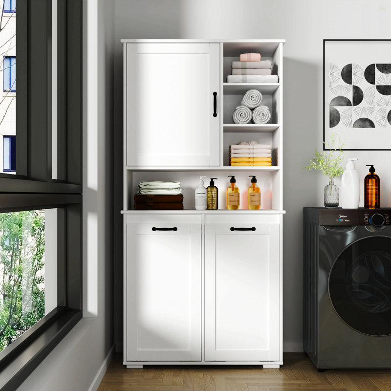 Armoire de buanderie avec portes et tablette, panier à linge inclinable, plusieurs espaces de rangement, style autoportant, tablette ouverte, tablette réglable, blanc