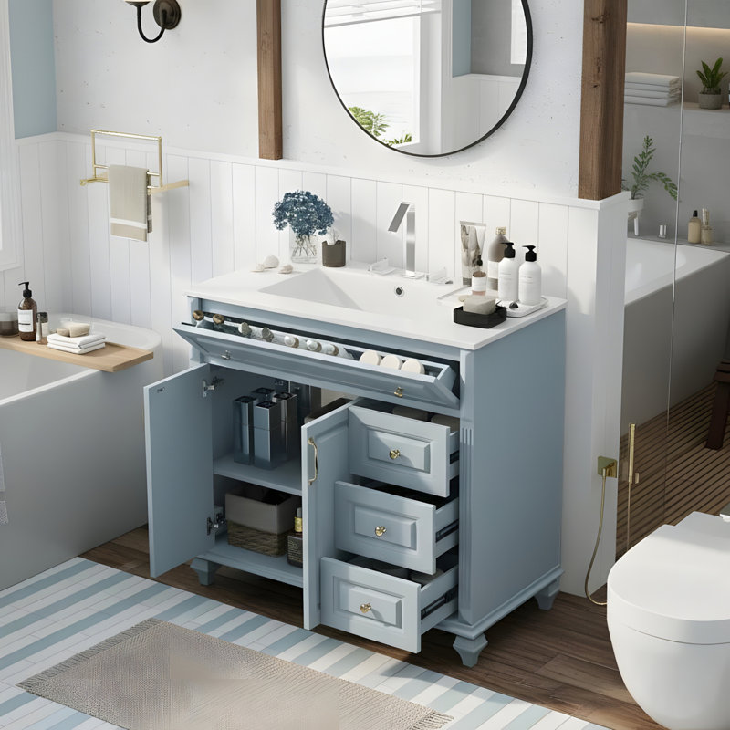 Armoire de salle de bain avec tiroirs rabattables, avec 3 tiroirs et 2 portes, Bleu gris / or