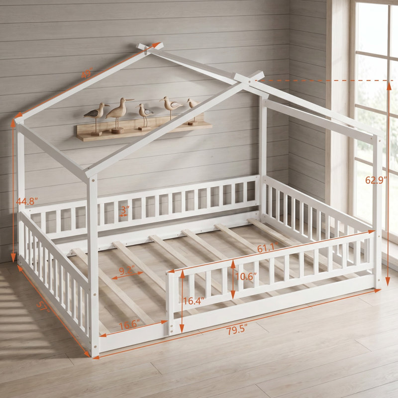 Lit en bois pleine grandeur de style maisonnette avec clôture de sécurité, couleur: blanc pur, Lit double, Blanc
