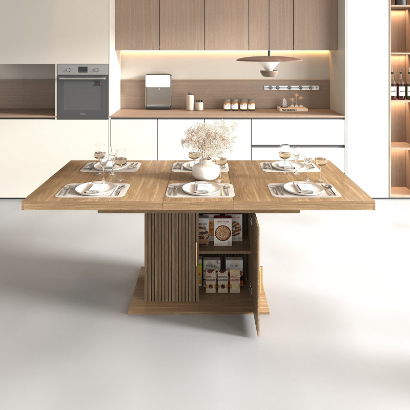 Tables de salle à manger extensibles (table seulement, sans chaises, avec plateau et pieds) avec rangement, table de cuisine moderne d'aspect bois