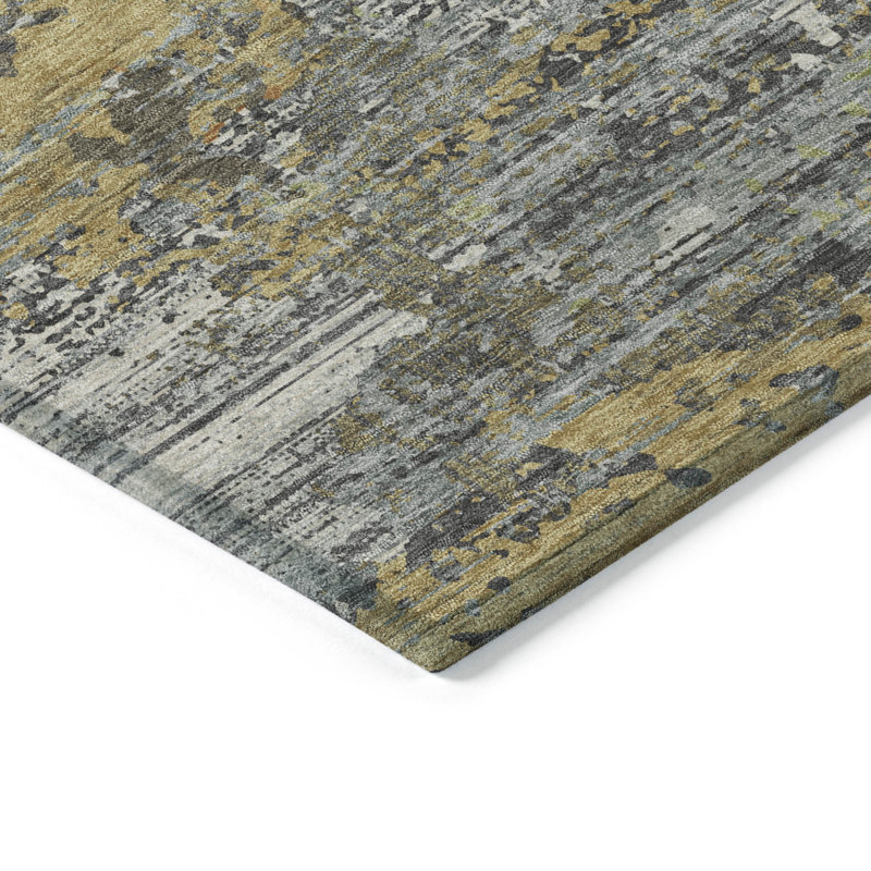 Tapis d'intérieur rond lavable abstrait 8 pi doré et taupe