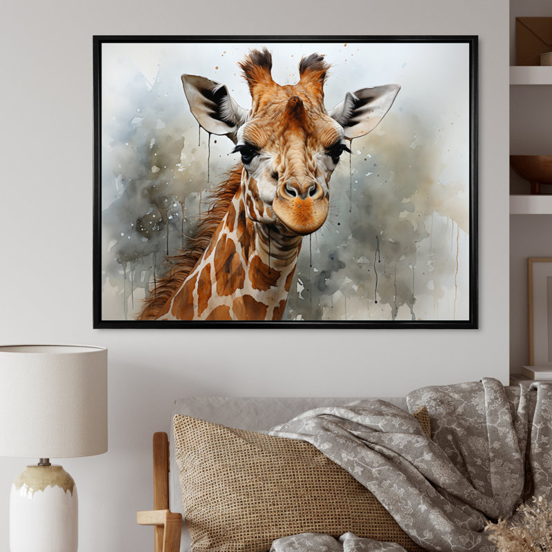 Décoration murale élégante girafe Krithi, H 34 po x l 44 po, Cadre flottant noir