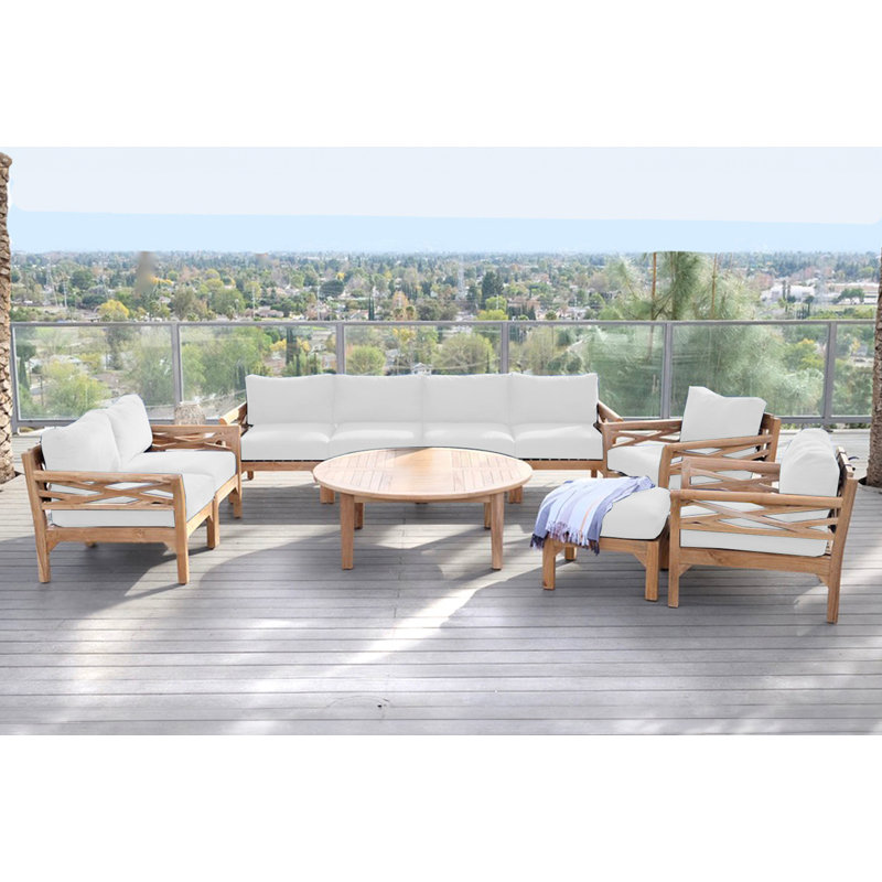 Monterey Teak Outdoor Seating Group with Cushions, White, 6 Pcs:  Sofa,2Chair,Cushion,Table,Ottoman