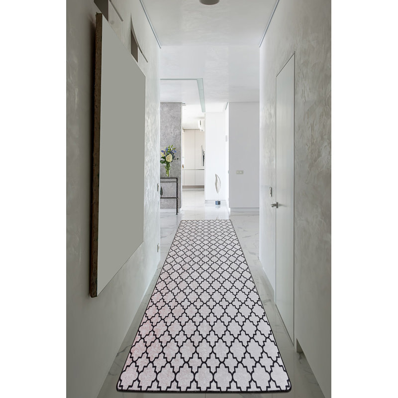 Durable Hall Carpet, 2.6 x 6.6 Feet | 100% Polyester, Total Thickness: 0.4 Inches | Antibacterial, Non-Slip Underside, Machine Washable | Stylish Black and White Design Perfect for Home Entryways & Living Areas