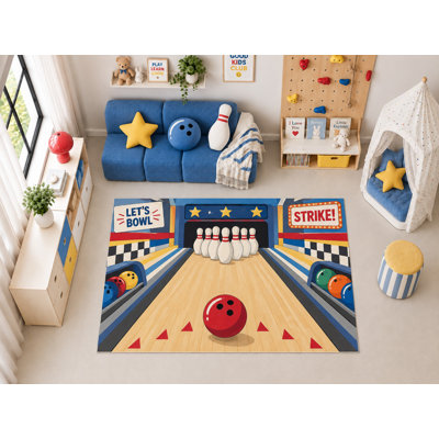 Tapis de sol pour enfants « ultra fin » 152 x 213 cm (5 pi x 7 pi) motif bowling, boules et quilles, idéal pour décorer une salle de jeux ou une chambre d'enfant. Doux et confortable.