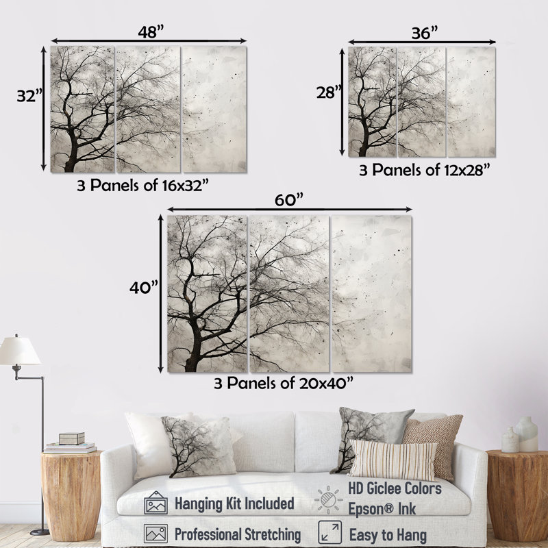 Minimalism White Tree Pine Dream I - Tree Pine Wall Art Set, 28" H x 36" W x 1" D, Wrapped Canvas