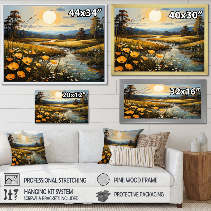 «Bernese Yellow Buttercups Golden Glow Patchwork» sur toile, Cadre naturel flottant, 16" H x 32" W