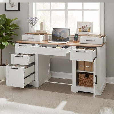 59" Farmhouse Office Desk With  Charging Station & Storage Cabinet, Barn Door Design Home Office Study Desk With File Drawer, Monitor Stand And Keyboard Tray For Office, Study, Living Room, White