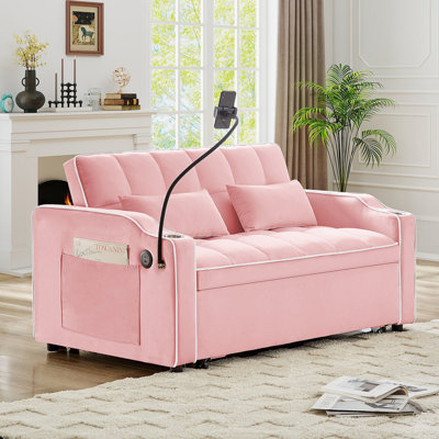 Versatile Foldable Double Seat Recliner, Comfortable Velvet Pull-Out Sleeper Sofa Bed With Side Pockets, USB Port, Swivel Phone Stand, Ashtray And Adjustable Backrest