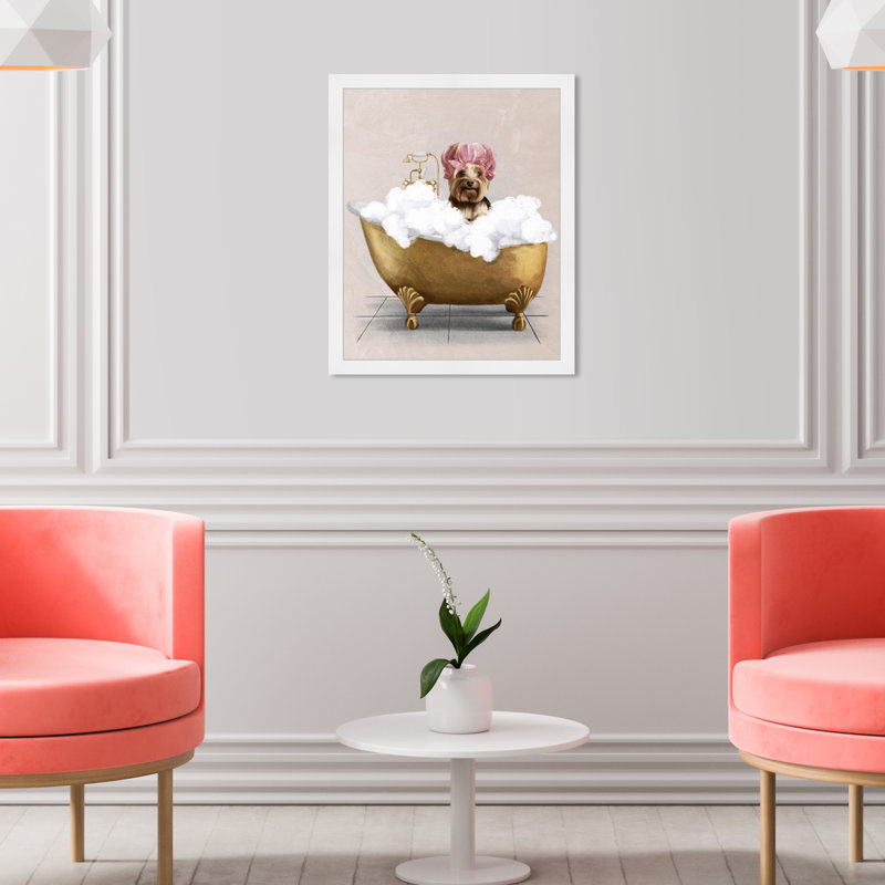 Bathaign Yorkie - peinture encadrée, H 18 po x l 18 po, Cadre blanc
