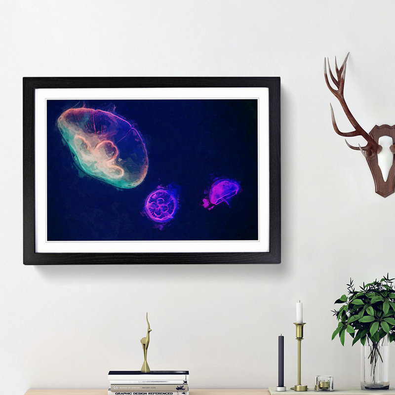 Neon Jellyfish in Abstract - Framed Print, Black Framed, 48cm H x 65cm W x 2cm D