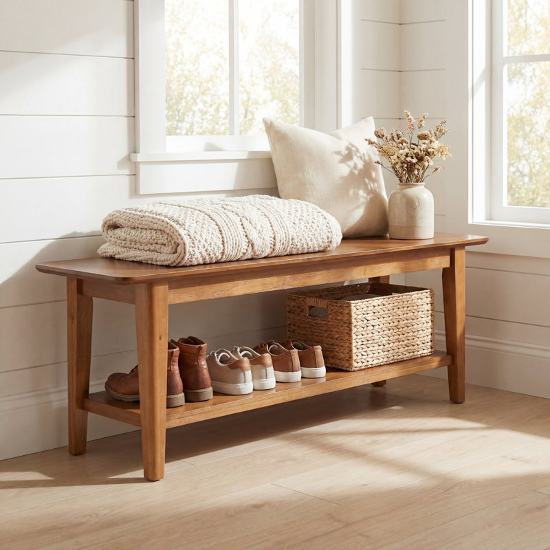 Upholstered Bench with Shelves