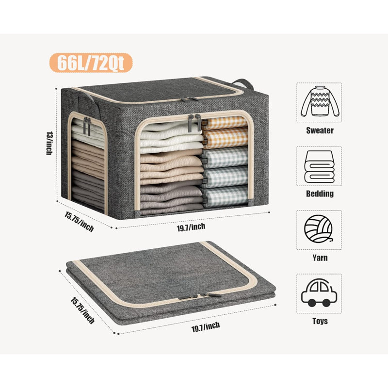 3 Opeings Large Clothes Storage Bins With Metal Frame, Foldable Storage Bin For Clothes, Clothing Storage Bins With Lid, Linen Storage Box With Clear Window& Zippers& Handles.(3 Pcs,66L)