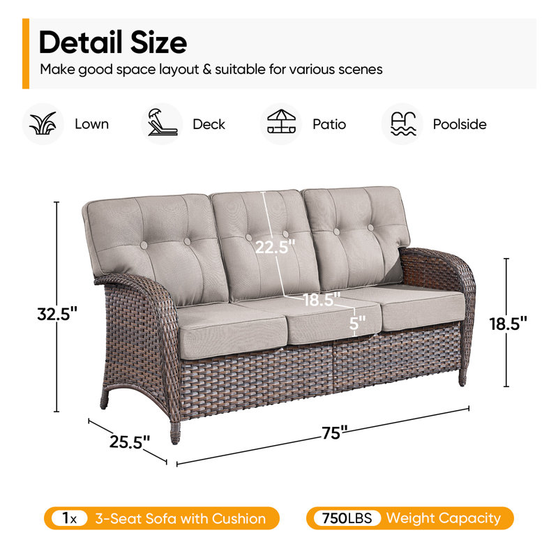 Canapé de patio 3 places en osier Fiorillo avec coussins de 5 po d'épaisseur Fiorillo, Beige