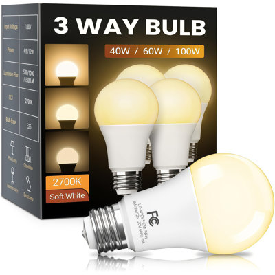 3‑Way A19 LED Light Bulb, 40/60/100 Watt Equivalent, 2700K Warm White, 500/1000/1500LM, E26 Base, 4 Pack