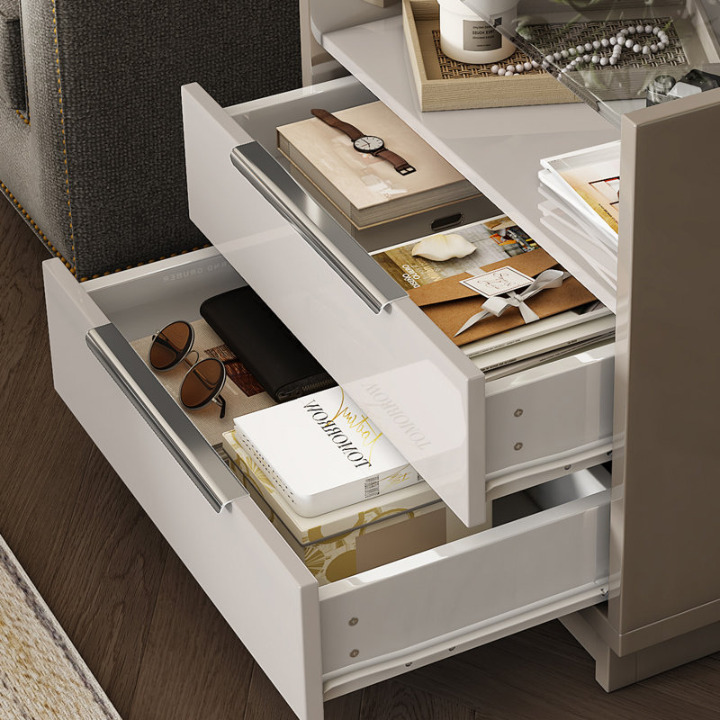24" W Modern High Gloss Nightstand With Glass Tabletop with Charging Station