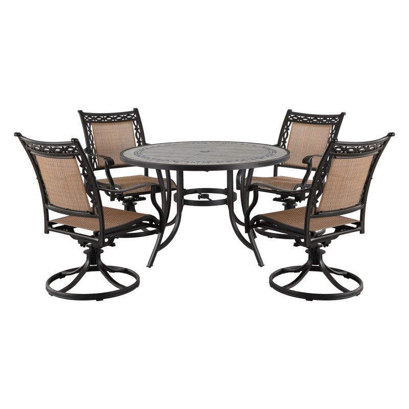 Ensemble de salle à manger d'extérieur 5 pièces 5 pièces - Table rectangulaire en aluminium 48 po avec trou pour parasol 2,3 po et 4 chaises pivotantes